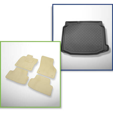 Zestaw: dywaniki welurowe + mata do bagażnika do Seat Leon III, III SC 5F (2013-03.2020) - dolny bagażnik; bez podwójnej podłogi bagażnika